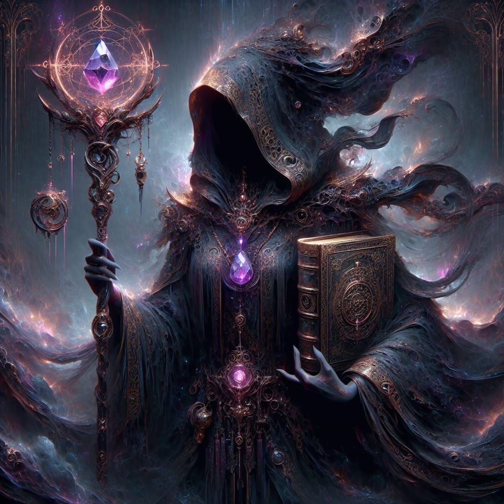 mage with dark, flowing robes that appear to absorb the surr...