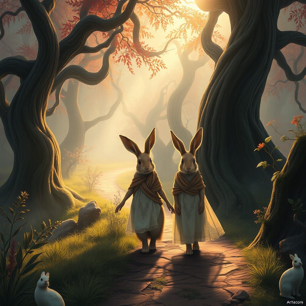 Two rabbits are walking - Mystical Forest Rabbits in Whimsic...