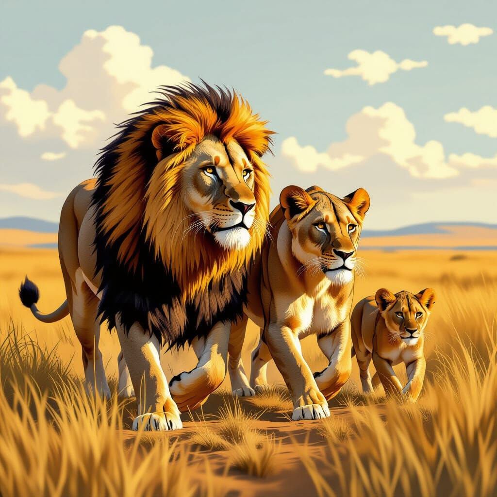 Lion and Lioness Hunt on the Savannah, Digital Art