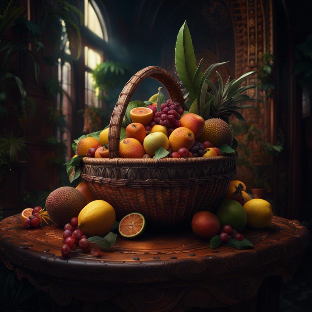 Basket with exotic fruits inside 