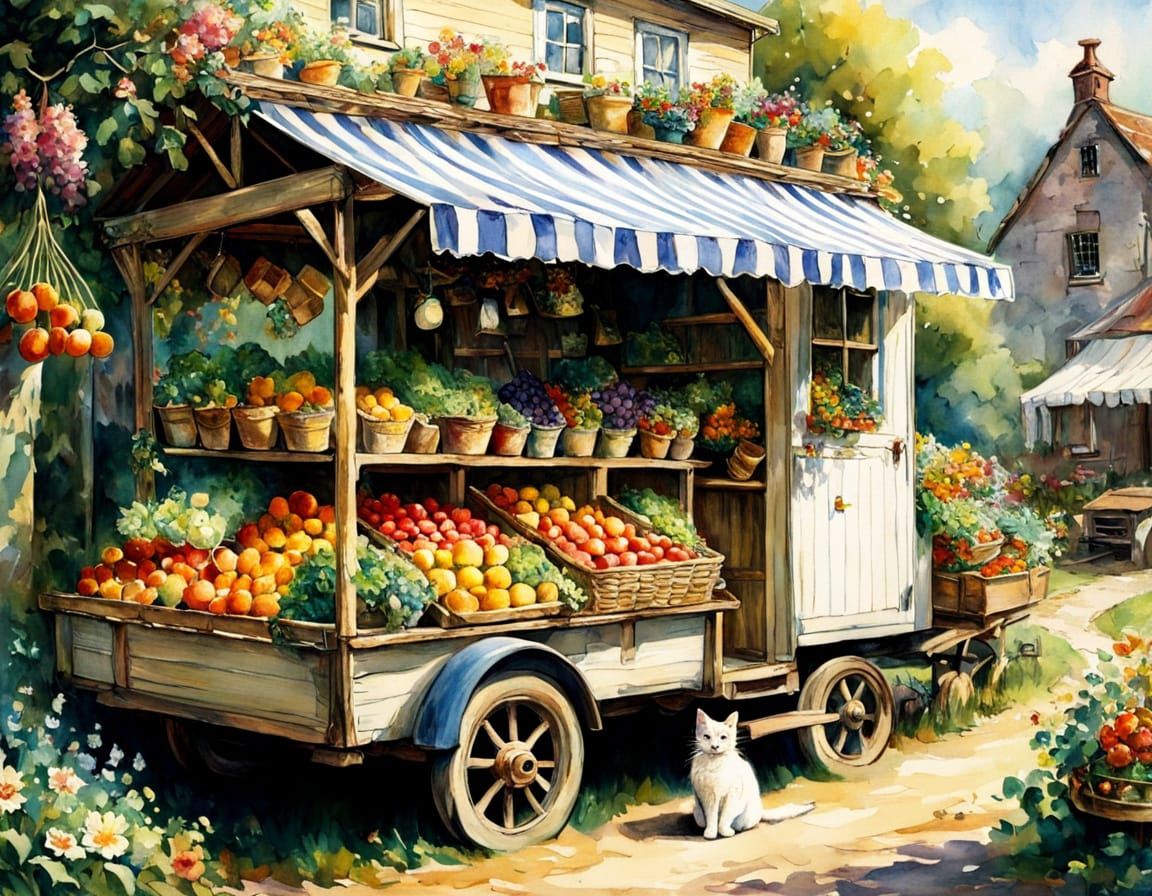 A decorative farm stand with striped awning on a trailer, with flowers, fruit, and vegetables.  by @Karracaz
