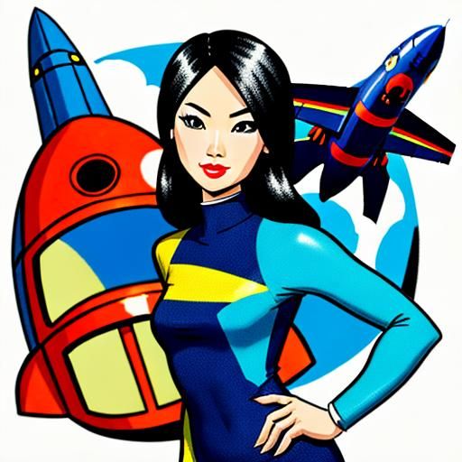 Retrofuturistic cartoon sketch of a Thai woman at a spacepor...
