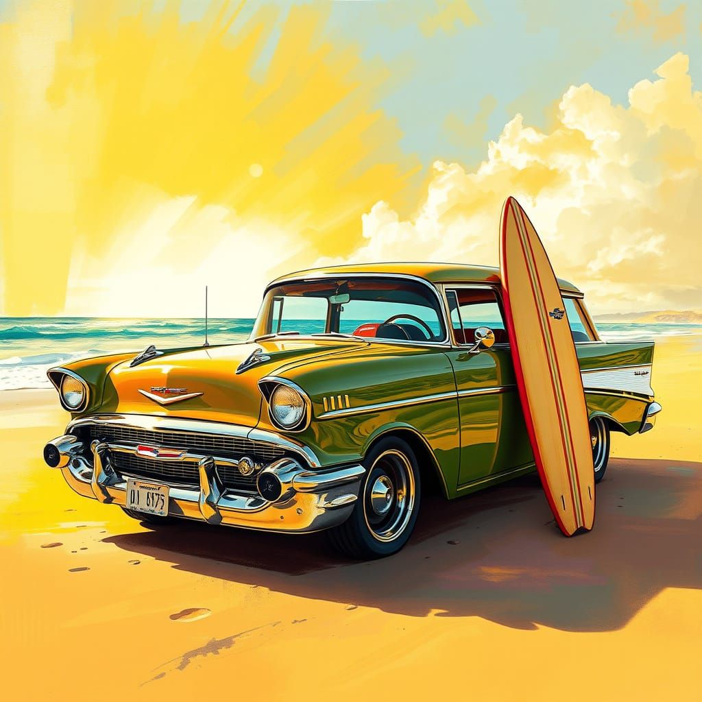 Nostalgic scene with a Chevy Nomad with a surfboard   by @Timmy Contraros