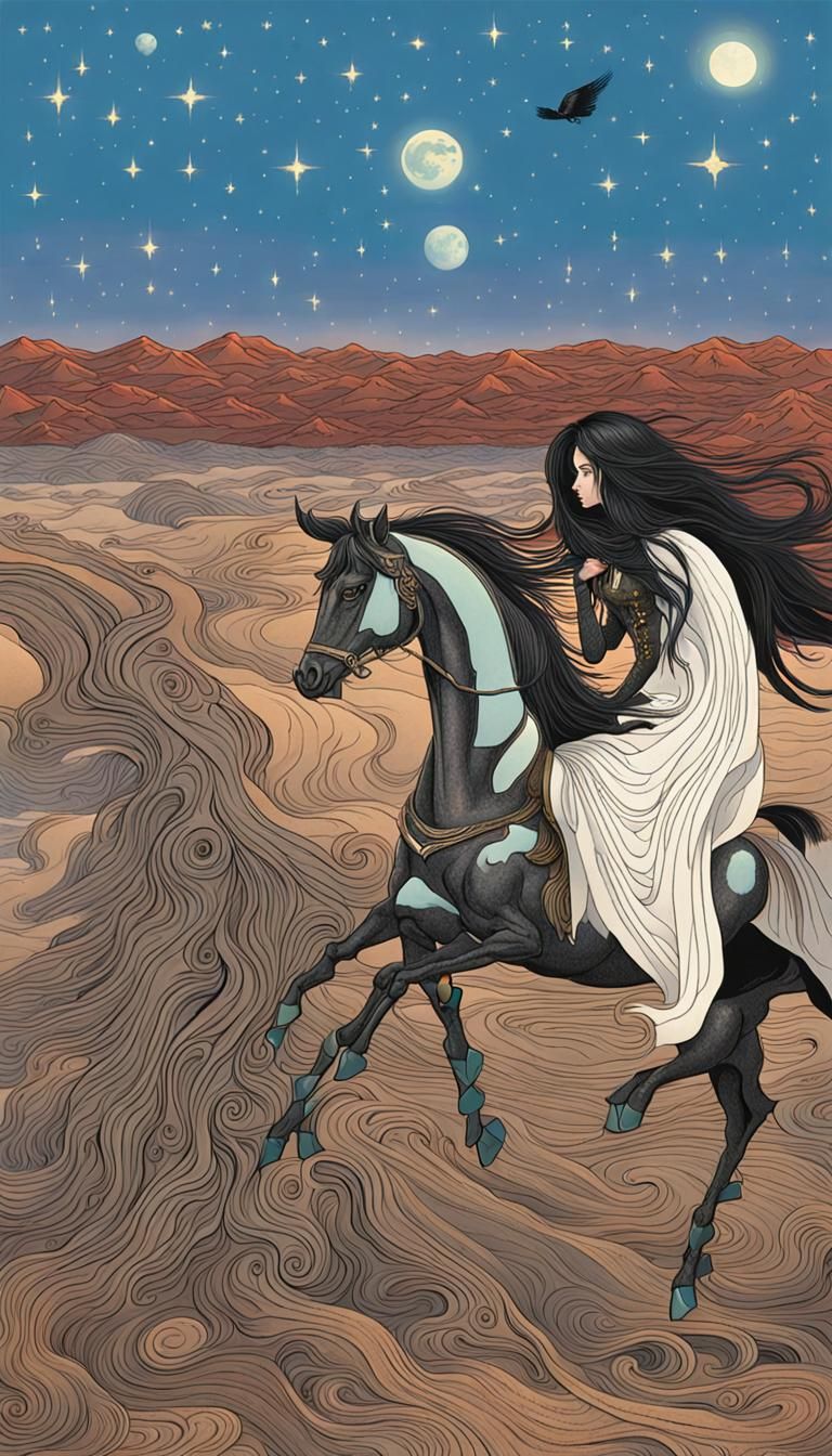 Black winged horse with woman Rider long flowing hair across...