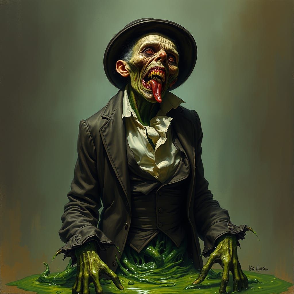 A man de-evolving, melting into oze