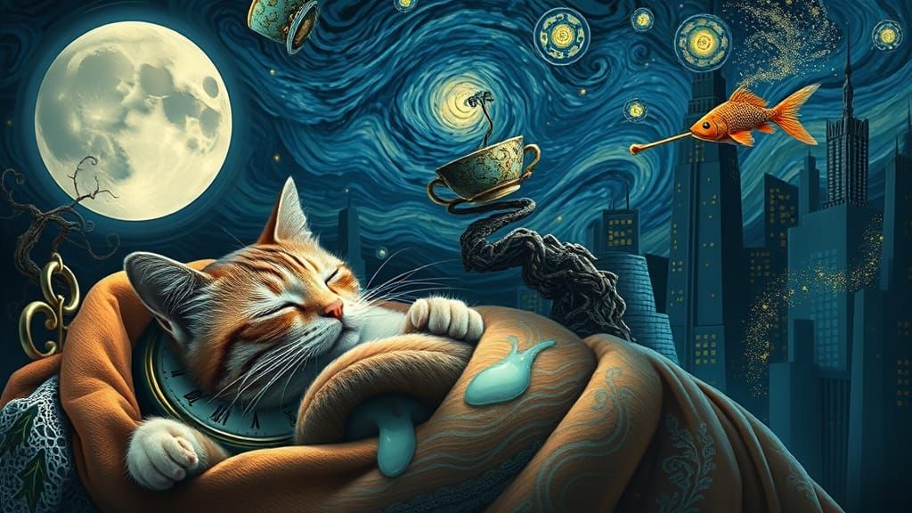 Teacups with trees, fish swimming in air and a clock through a cats head  by @Stinger725