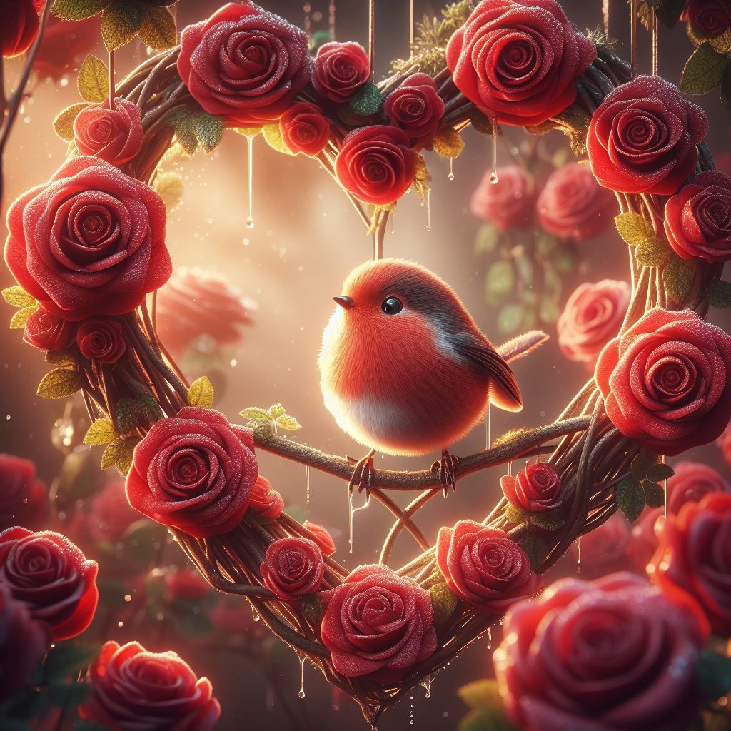 Red roses and a robin