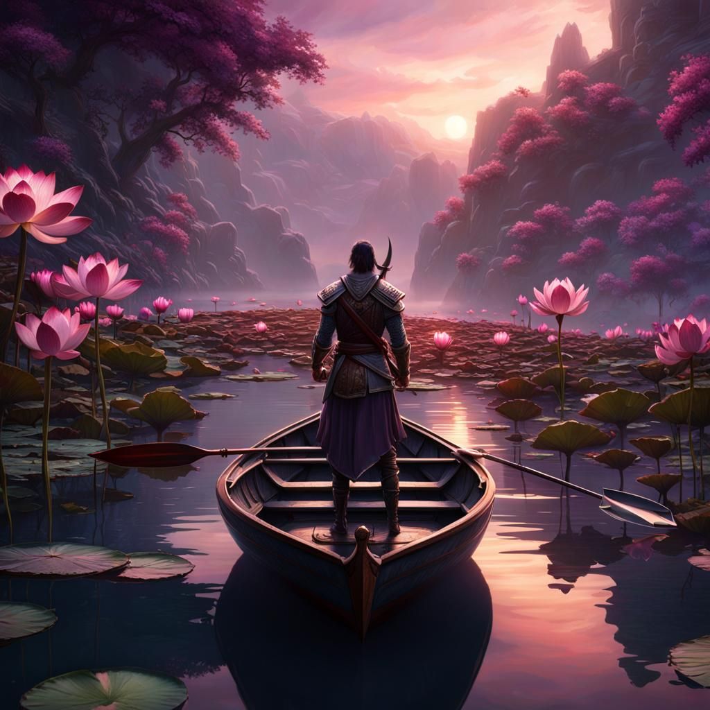a lake full of lotus flowers with a hand holding out a sword...