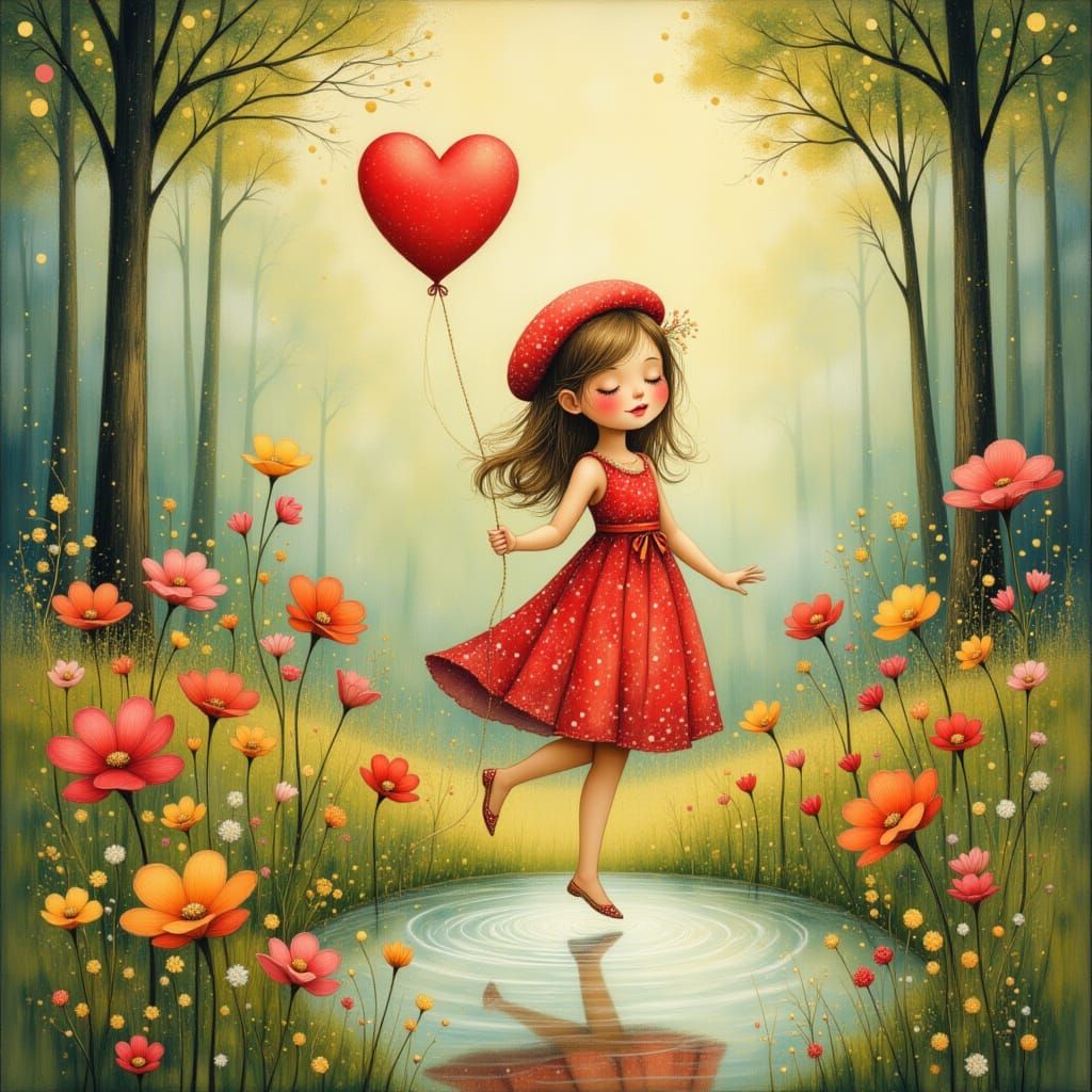 Whimsical Garden Girl in a Crimson Sundress