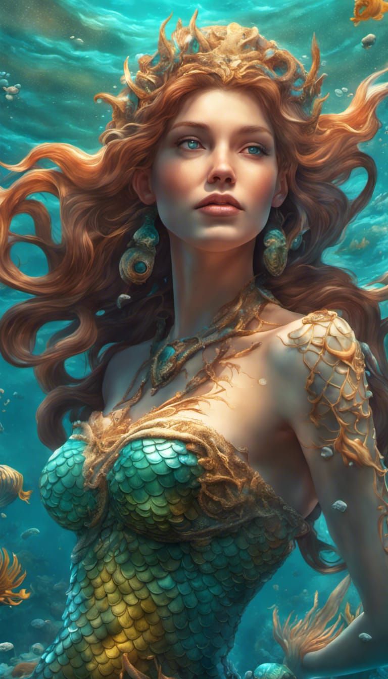 The beautiful mermaid goddess underwater photorealistic intr...