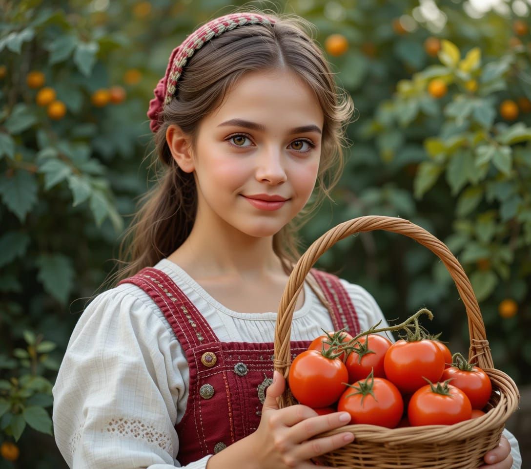 Peasant girl holding a basket of tomatoes