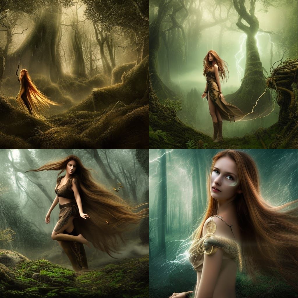 girl brown long hair lightning magic enchantress forest stor...