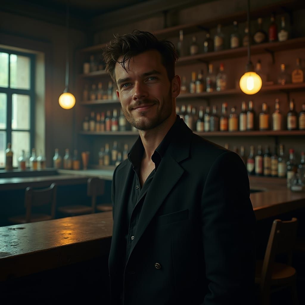 Melancholic Man at Empty Bar in Cinematic Style