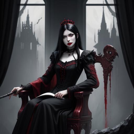 scythe on the side female vampire long black hair,red lips.r...