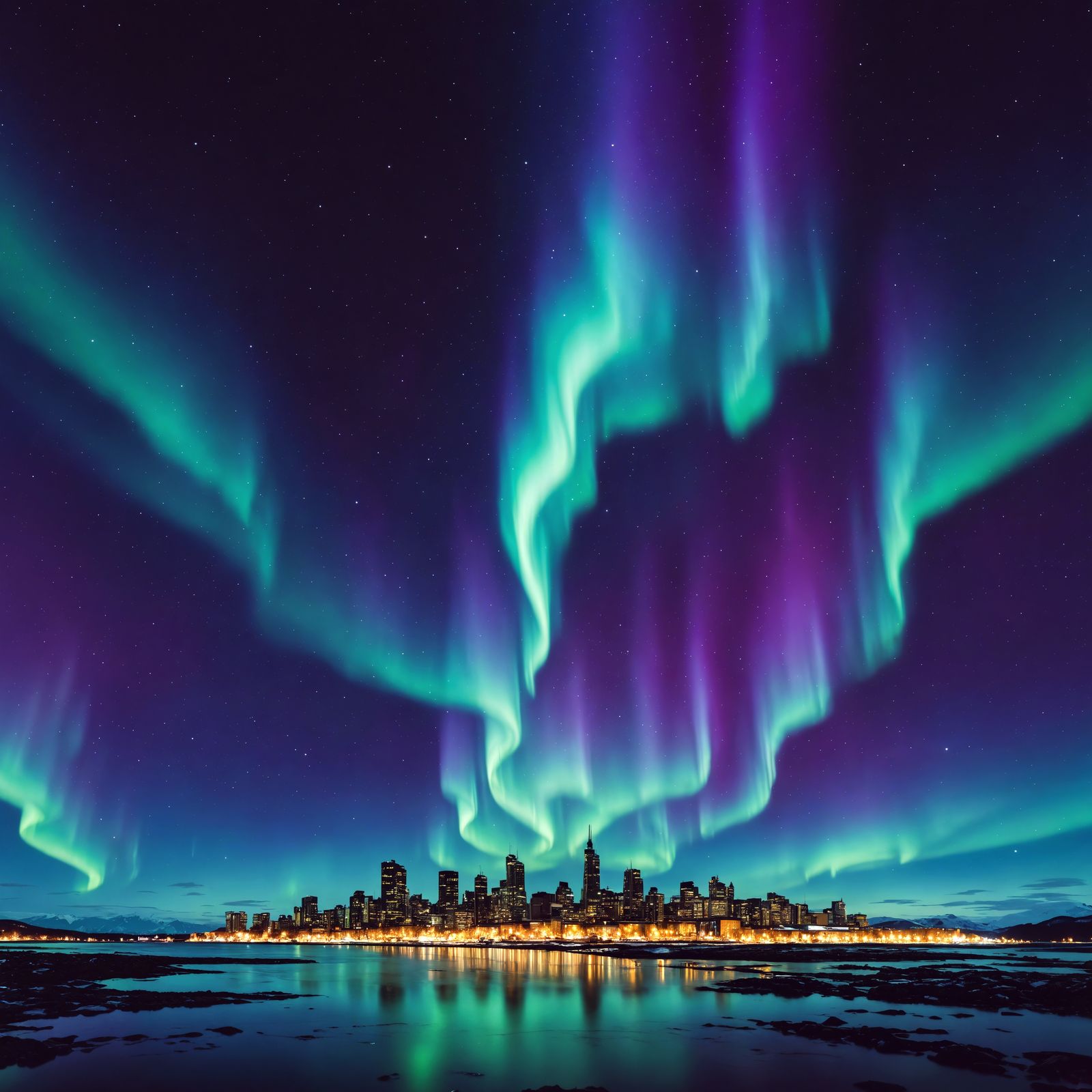 Aurora borealis over a city at midnight -- enhanced & animated
