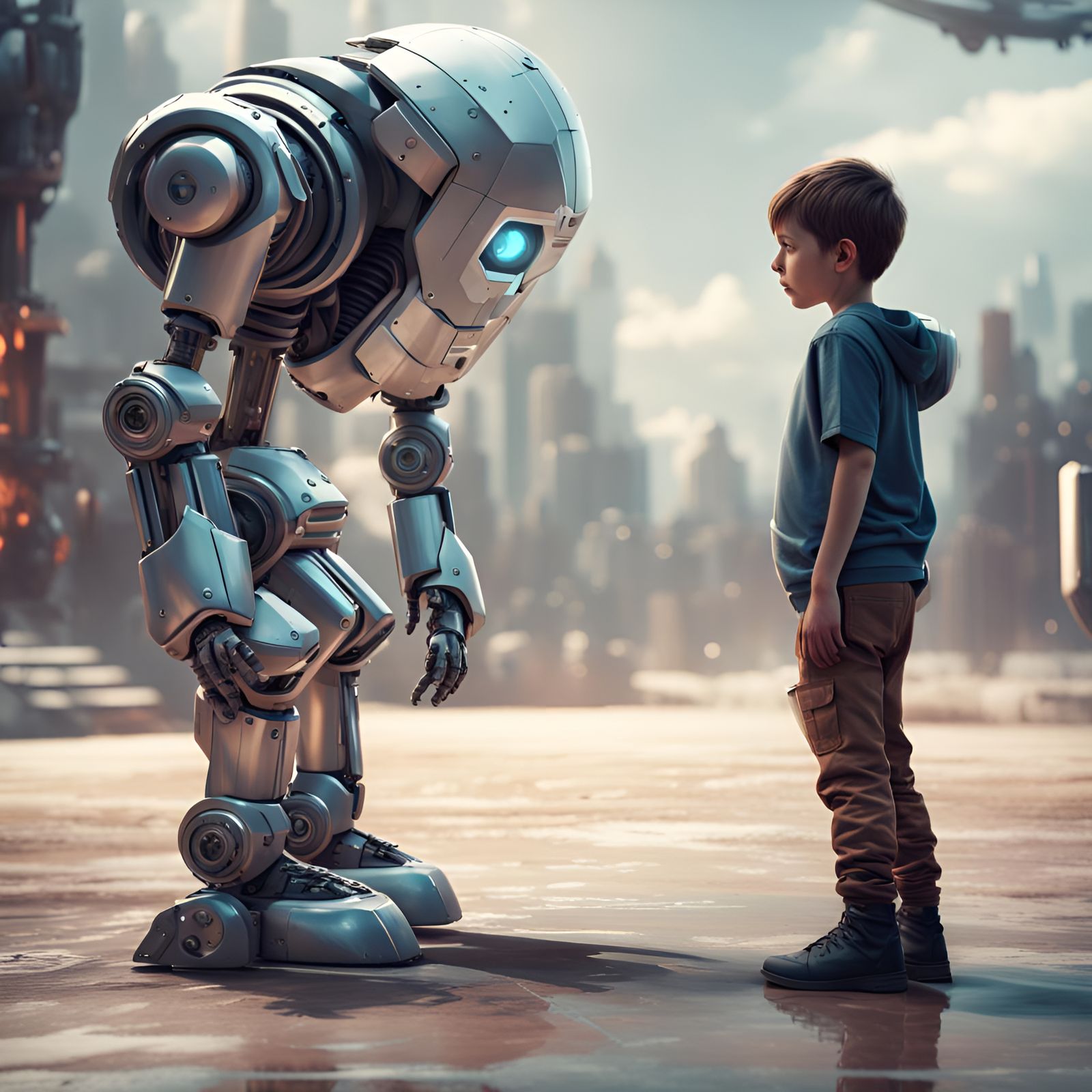 Boy and robot facing eachother