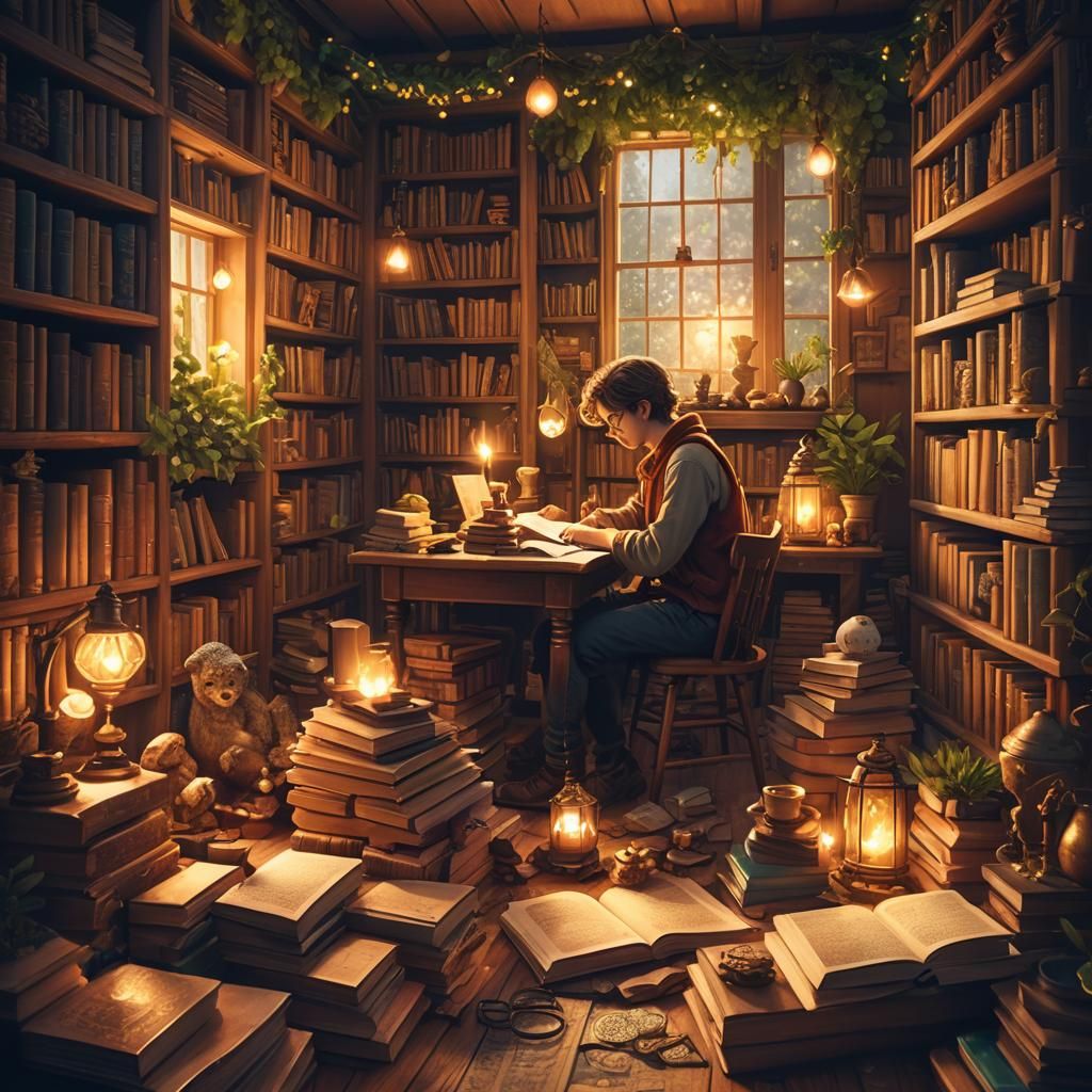 Cozy Fantasy Study with Reader in Golden Light