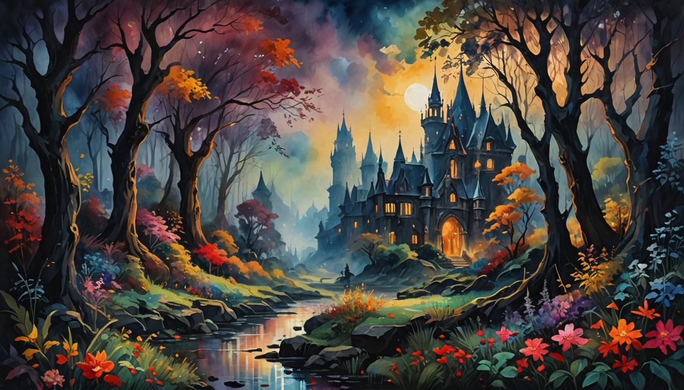 "Romantic dark fantasy, in Gouache Style, Watercolor, Museum...