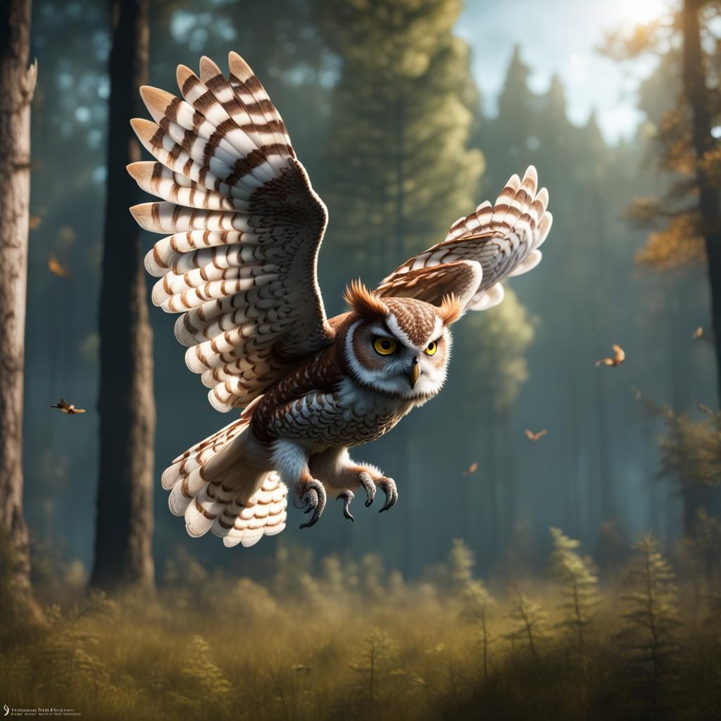 Eastern Screech Owl flies over a forest and meadow