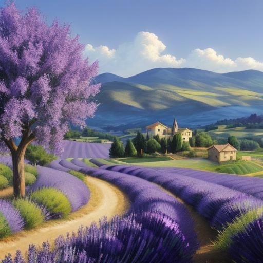 A vast lavender field in Provence, A small village with a wi...