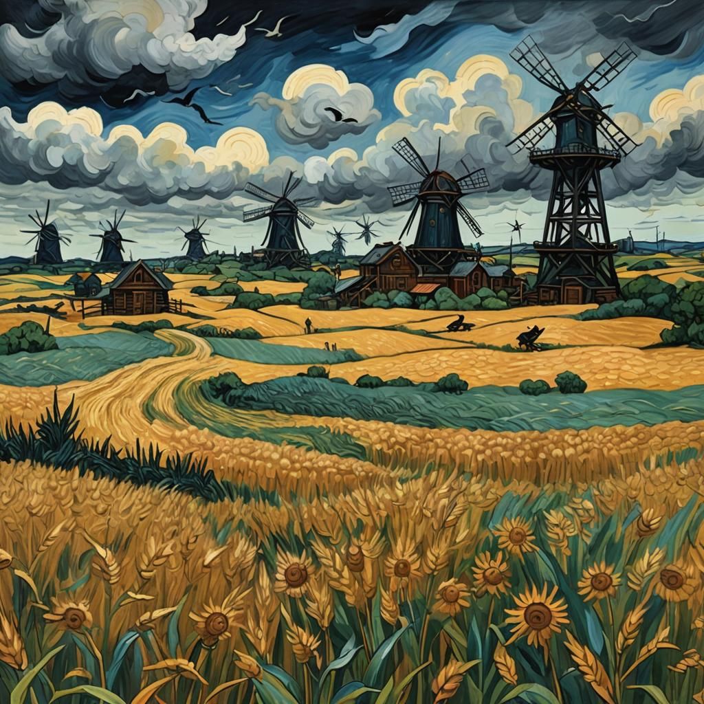 Illustrate Van Gogh's "Wheat Field with Crows" reimagined as...