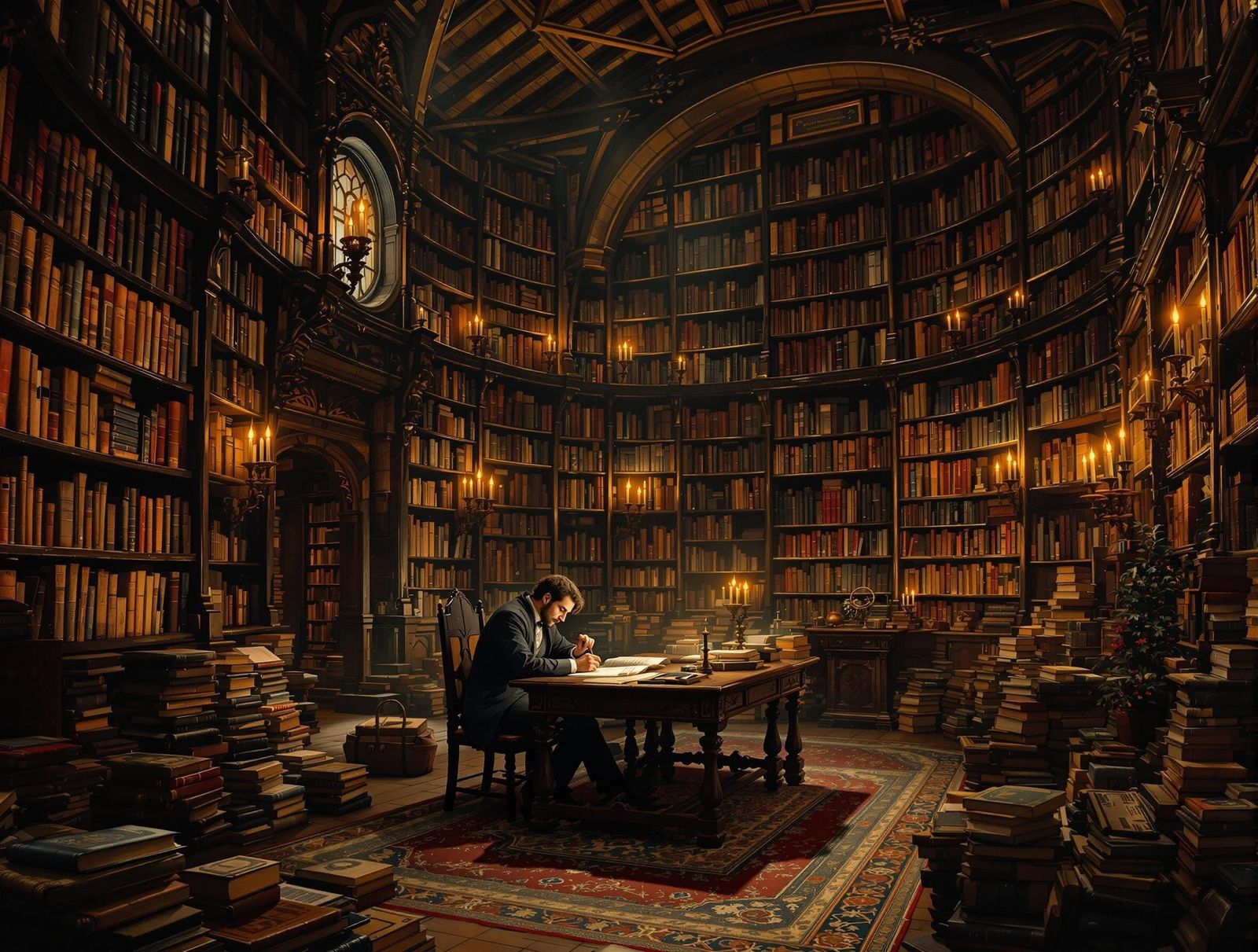 envision a grand library filled with ancient tomes and forgotten knowledge, bathed in the warm glow of ...  by @Han5