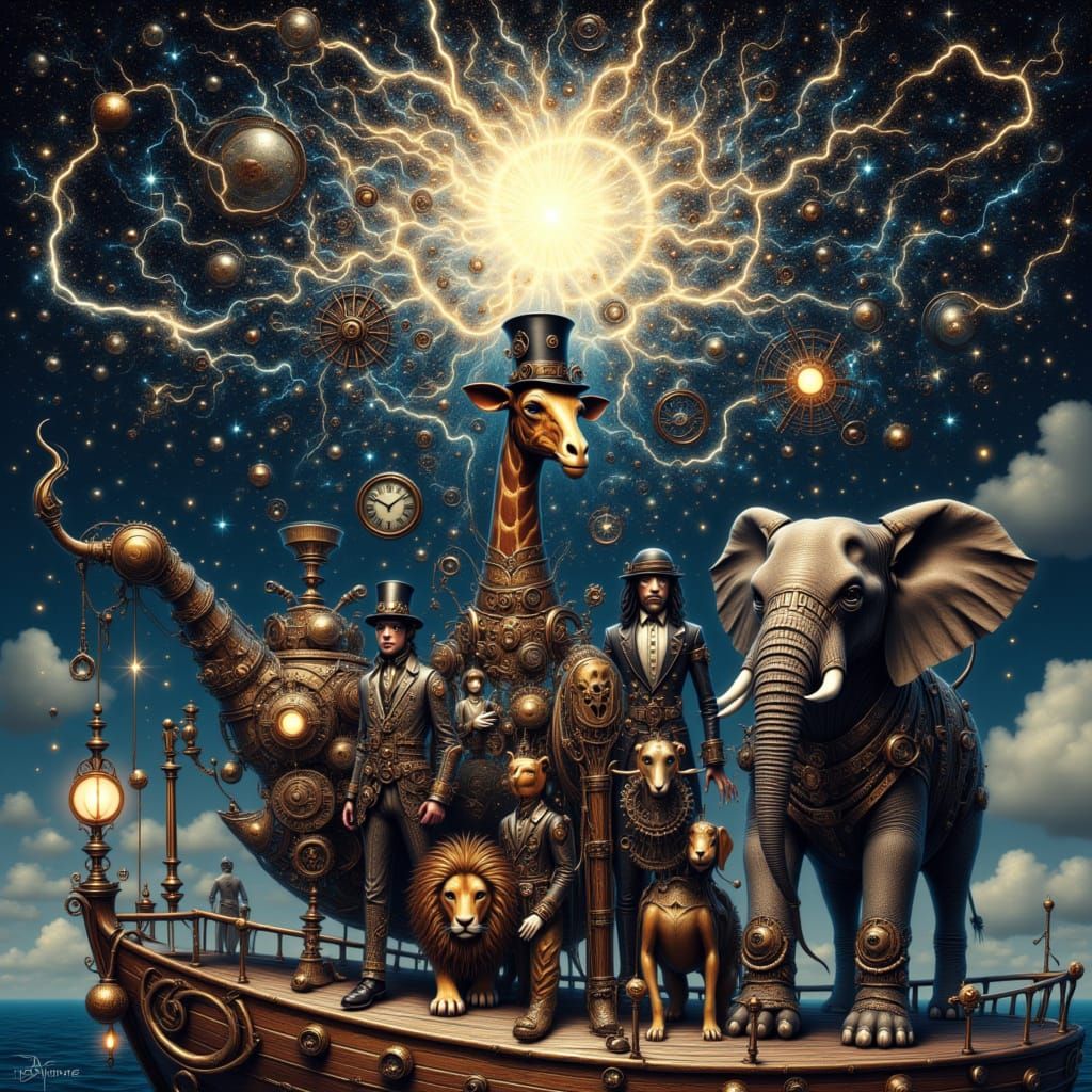 <lora:Steampunk and more:1.0>Steampunk Animals on a Steamship, a lion, a giraf and an elephant, starry Nightsky with millions of lightning s...