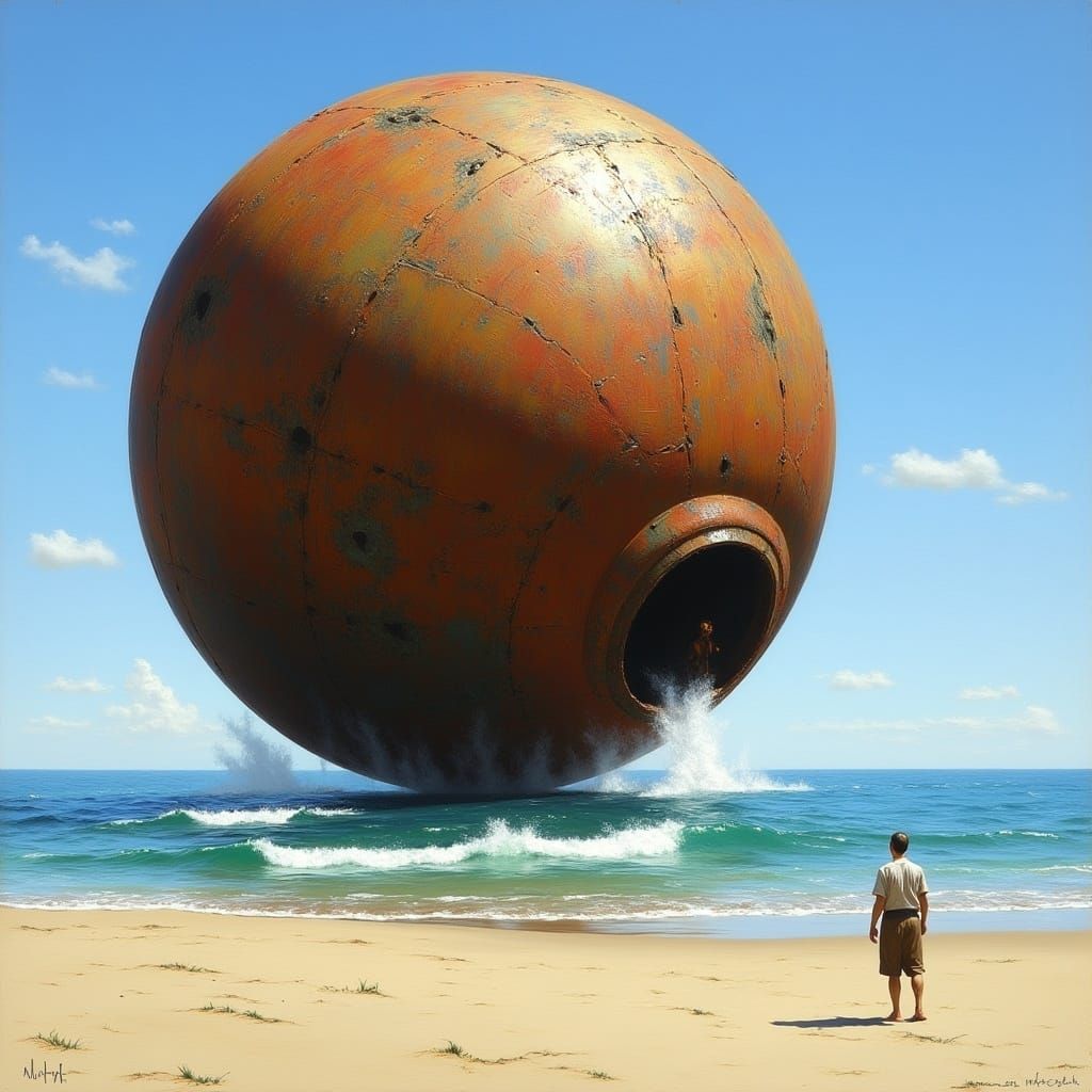 <lora:MJ6-1 DreamForge:1.0> Oil painting of a giant rusted sphere on the beach, with a person in the foreground looking at it. Concept art i...