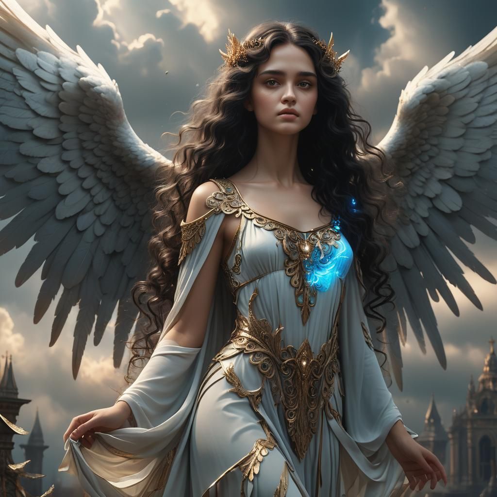 Beautiful Angel with wings, long curly dark hair, 