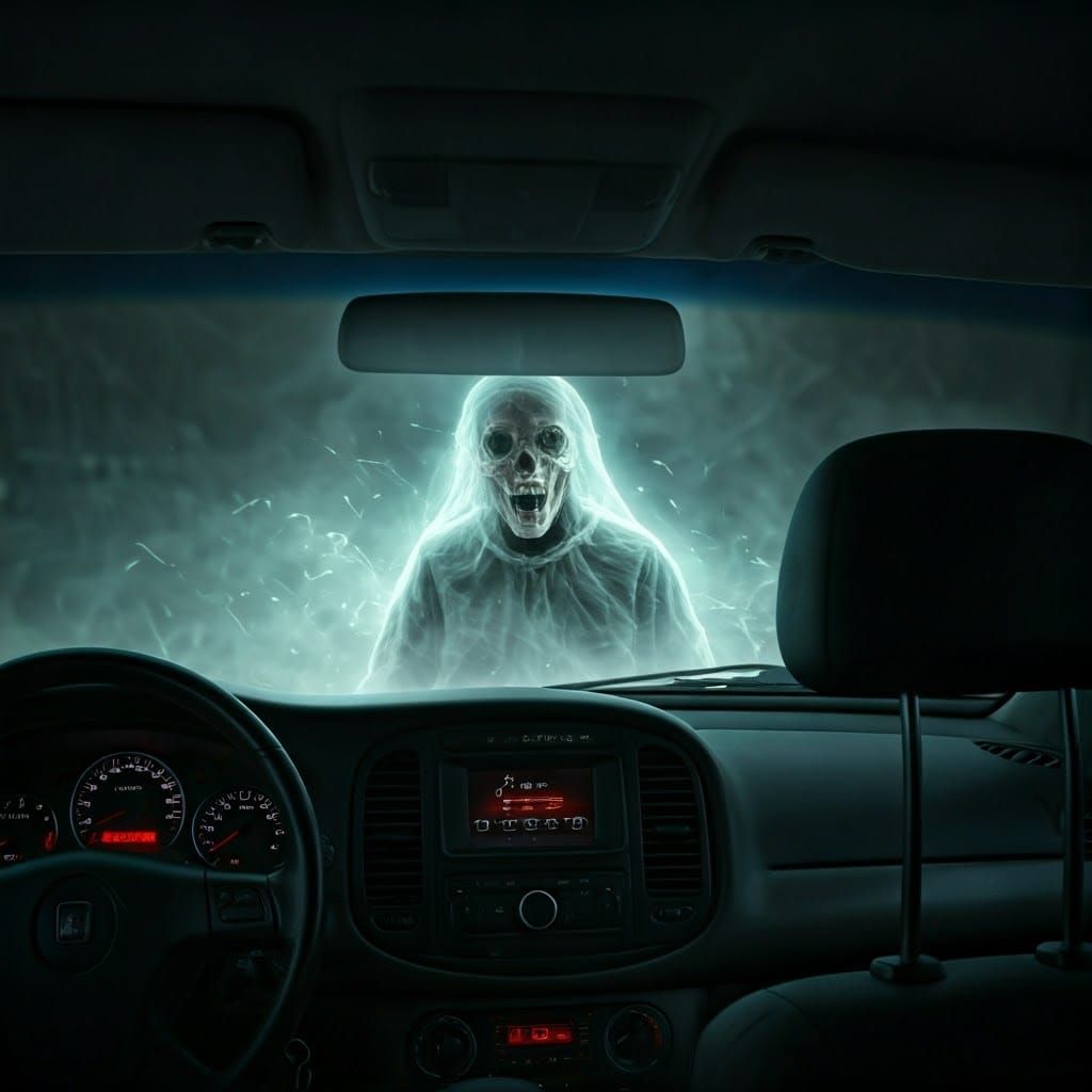 A view in a rear view mirror of a car of a terrifying ghostly spectral in the back seat of the car.  by @Dantonio