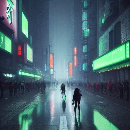 Futuristic sinister streets of beijing with green neon ads