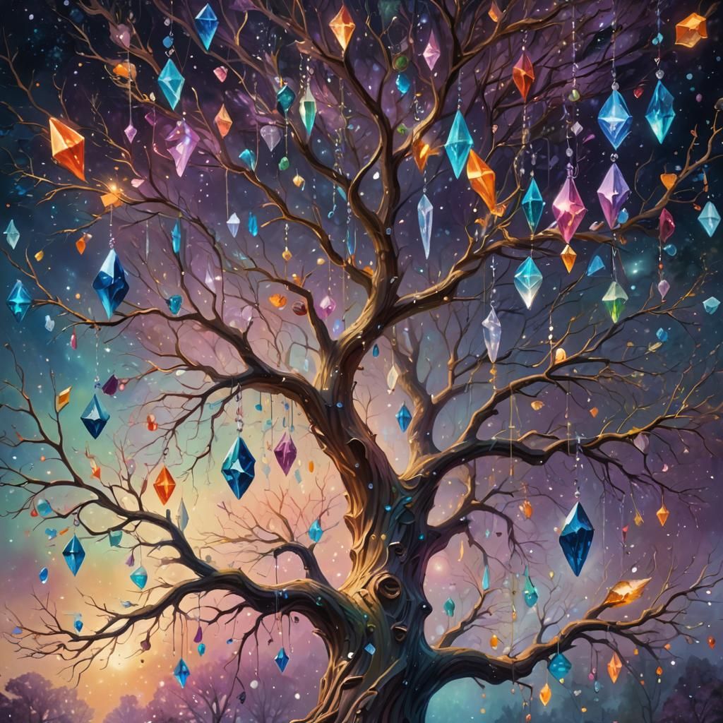 Surreal Galaxy Tree with Iridescent Crystals