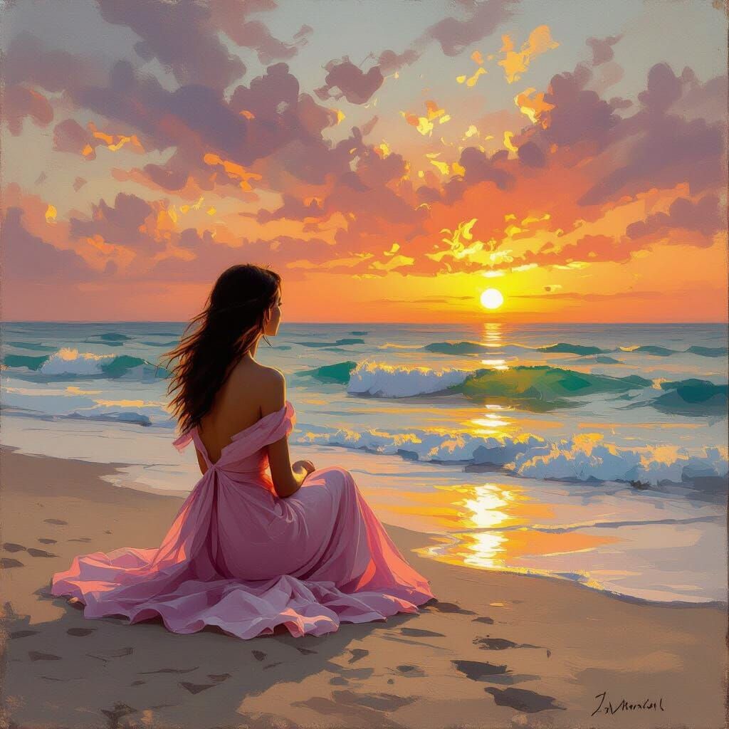 A woman wearing a pink dress and sitting on a sandy beach staring longingly into the sunset, waves crashing onto shore.