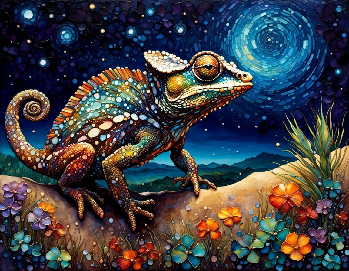 chameleon under a star-filled night sky