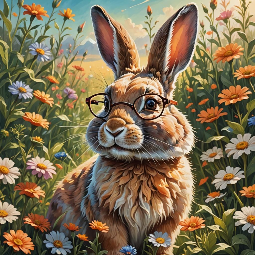Rabbit with Glasses in Whimsical Flower Field