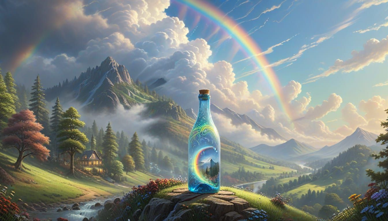 A vibrant, sparkling rainbow pours from a mystical, ornate bottle over an enchanting, whimsical land with lush green forests, rolling hills,...