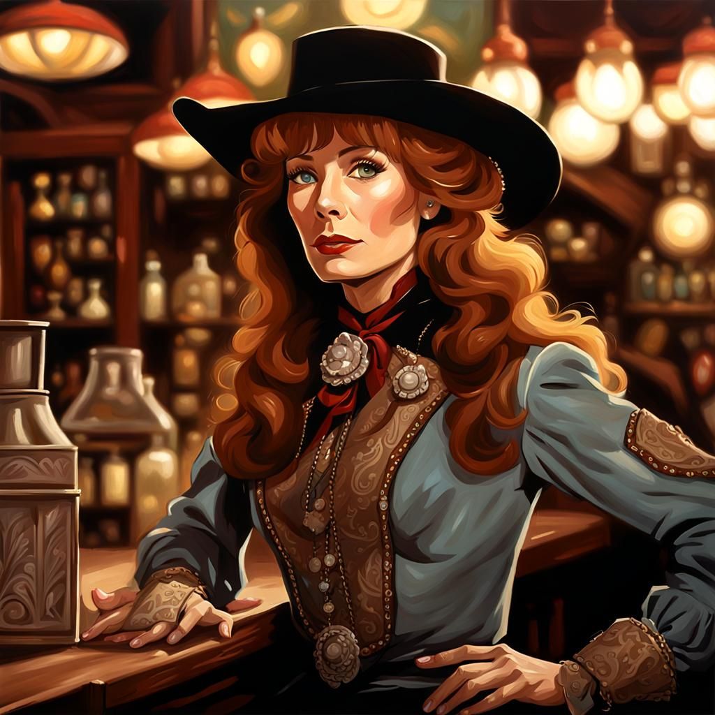 Young Dr. Beverly Crusher in a western movie detailed painti...