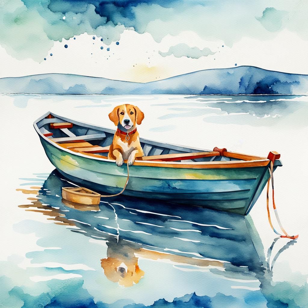 dog in a boat and the boat is on a sea and the sea is on the...