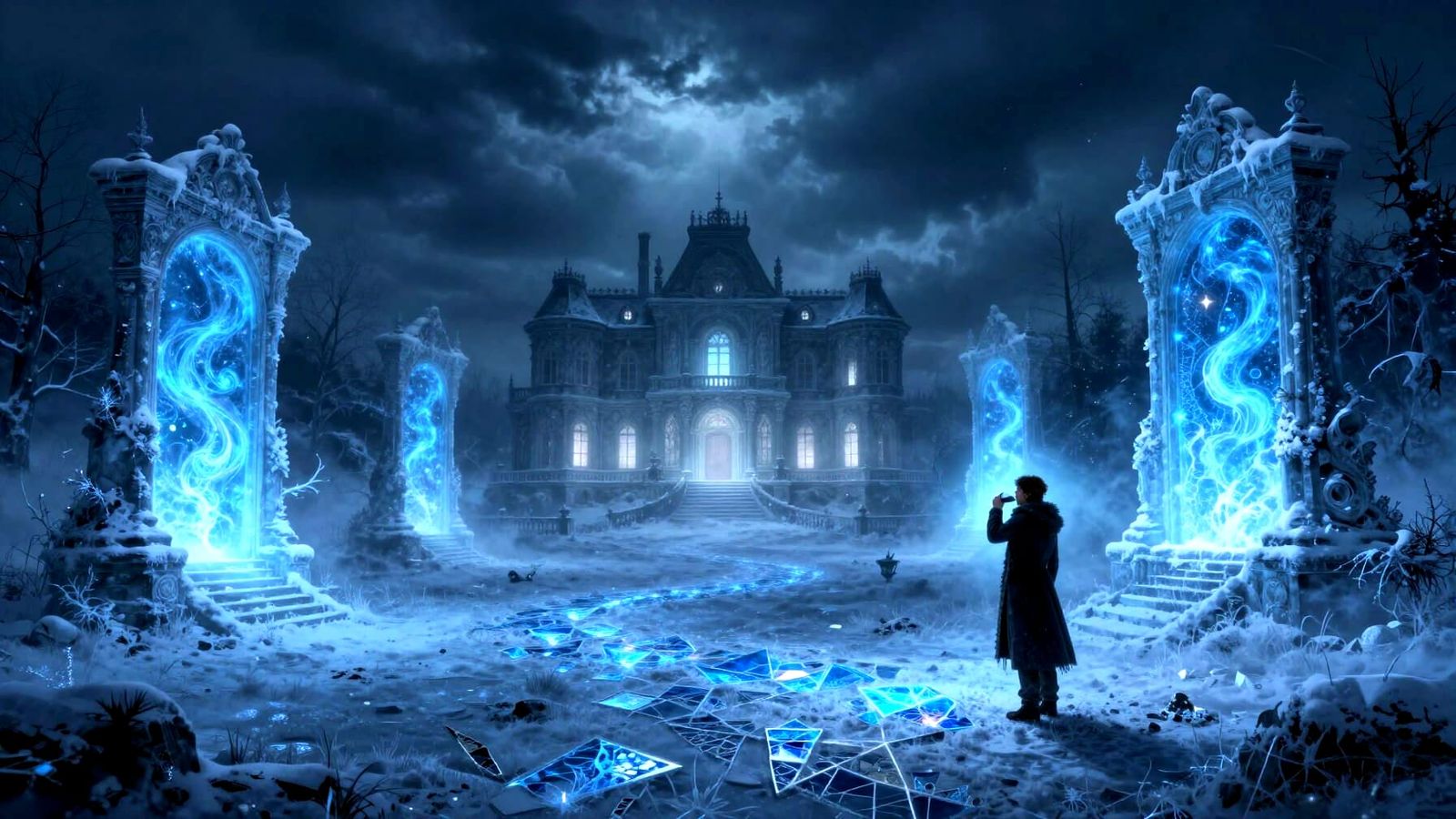 Dark Fantasy Winter Scene with Ethereal Portals