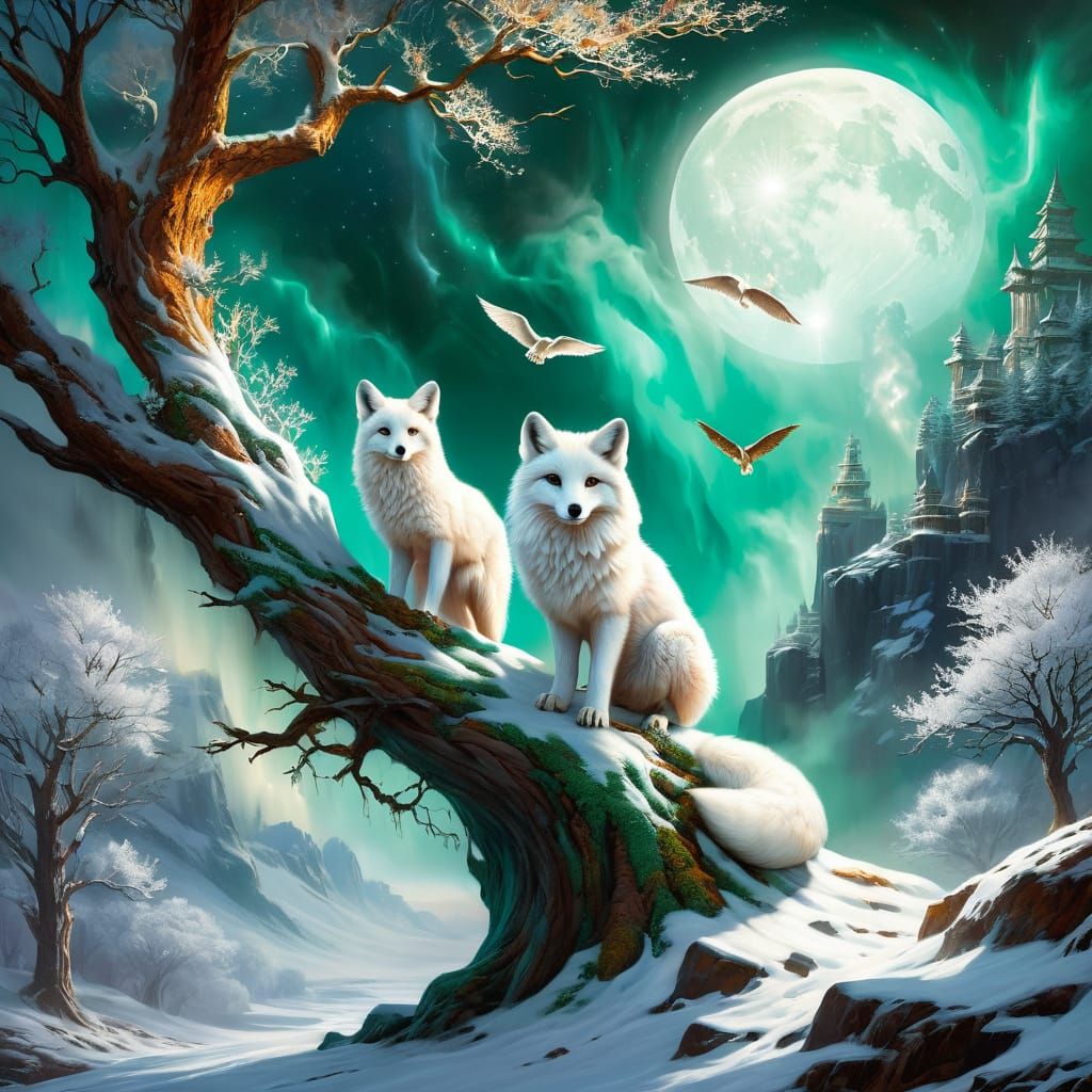 White Foxes on a tree