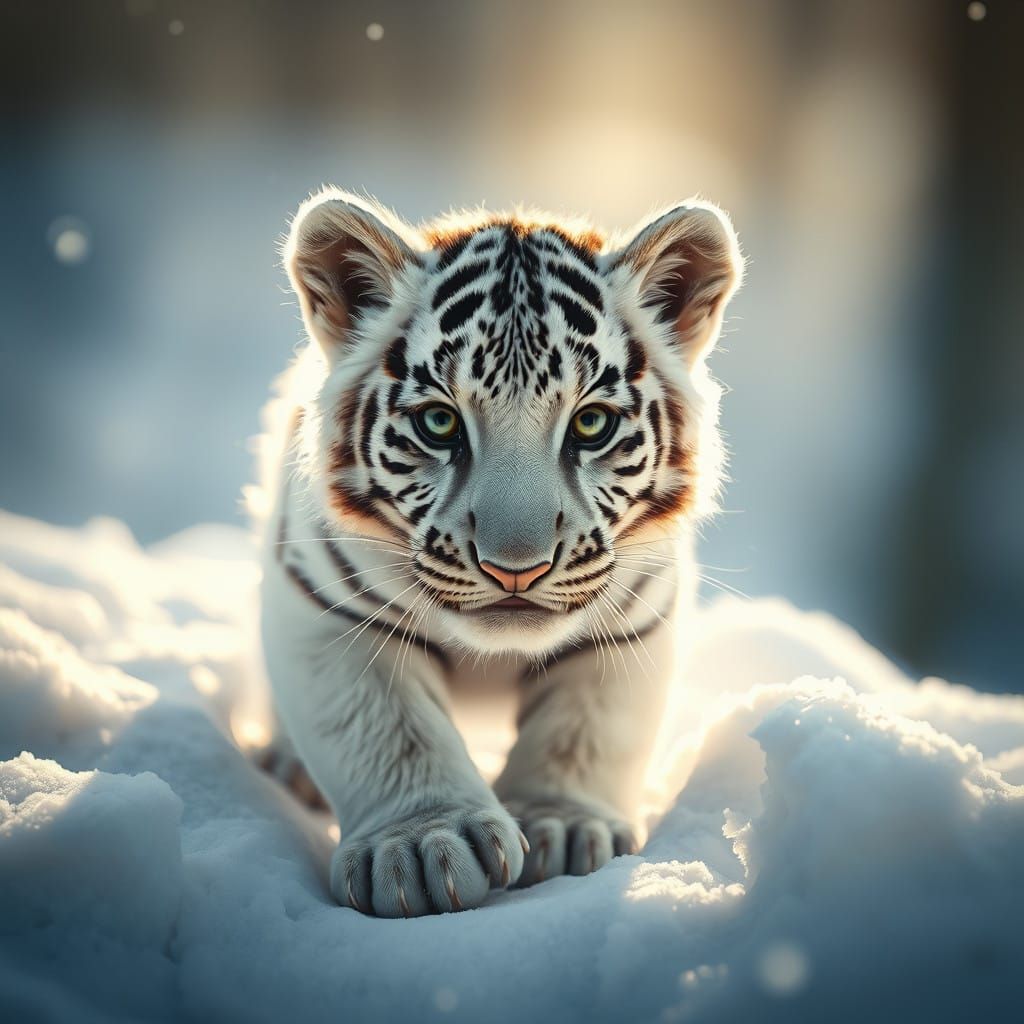 Dramatic Albine White Tiger in Snowy Sunlight
