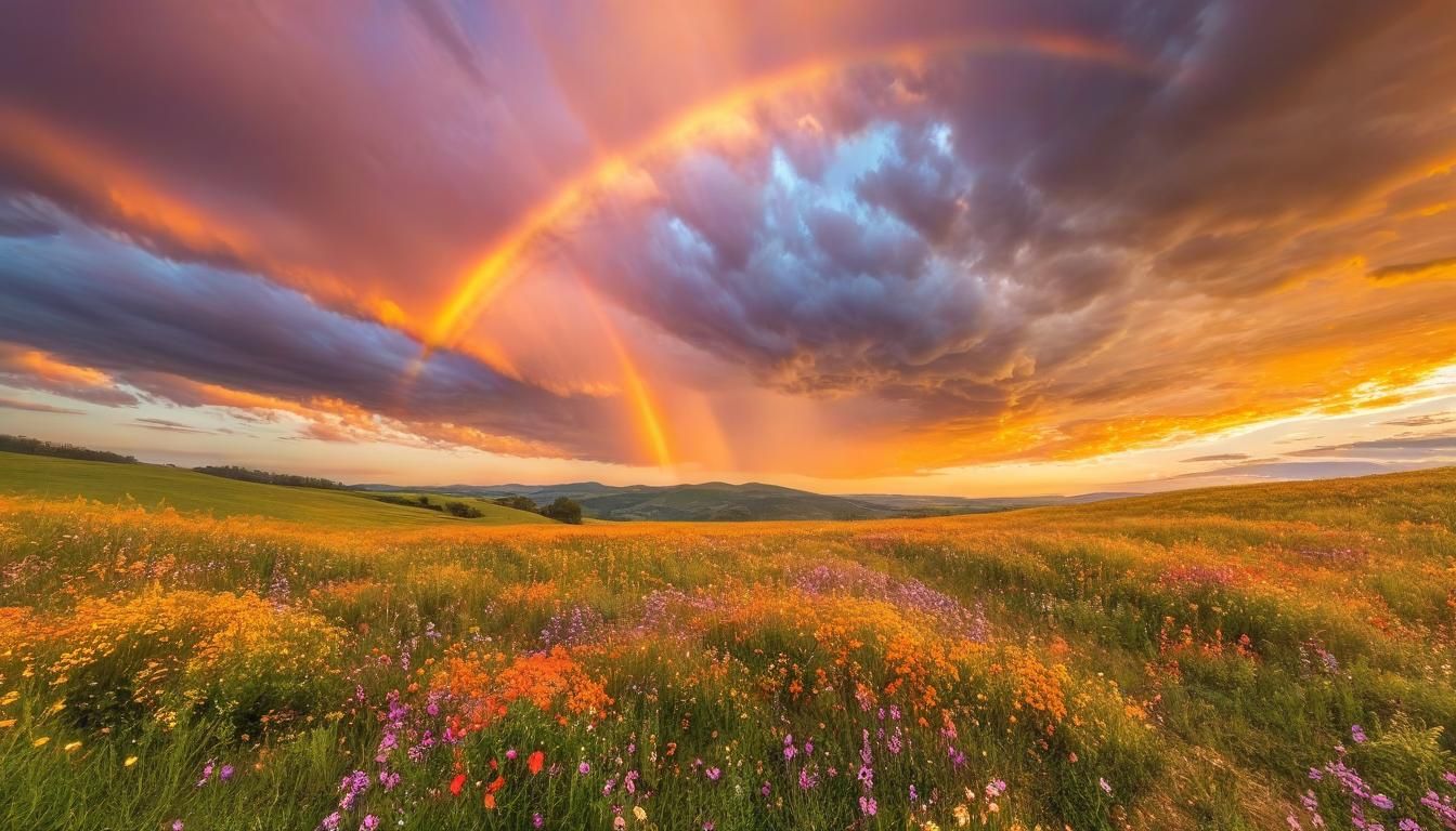 Rainbow sunrise after a morning sprinkle on a hilly countryside covered ...