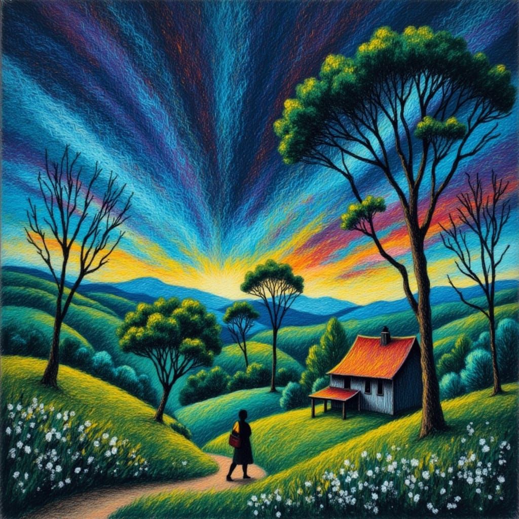 Impasto Parchment: Lone Walker at Crimson Sunset