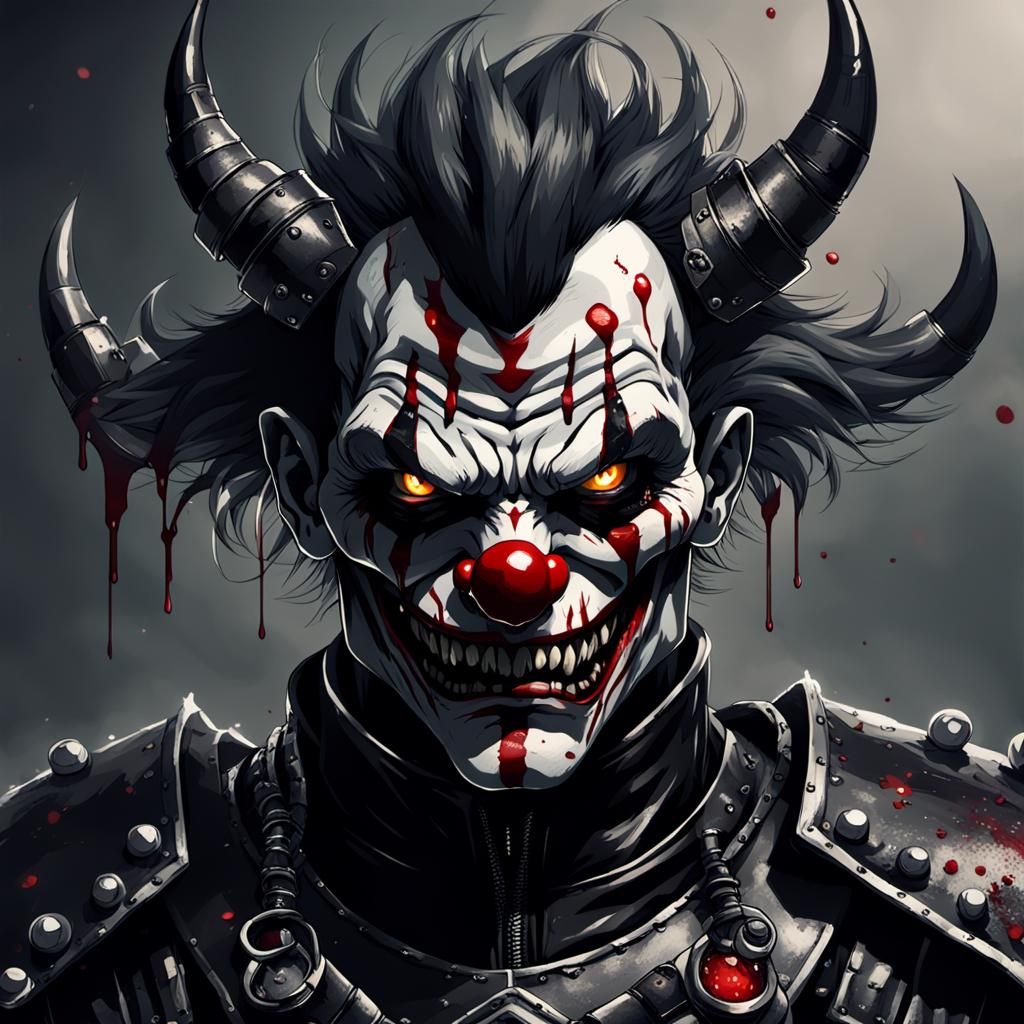 Make a clown demon with very sharp claws his eyes are cybern...