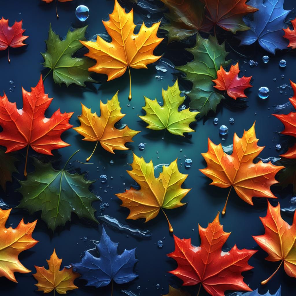 Multicolored maple leaf with a drop over water reflecting ti...