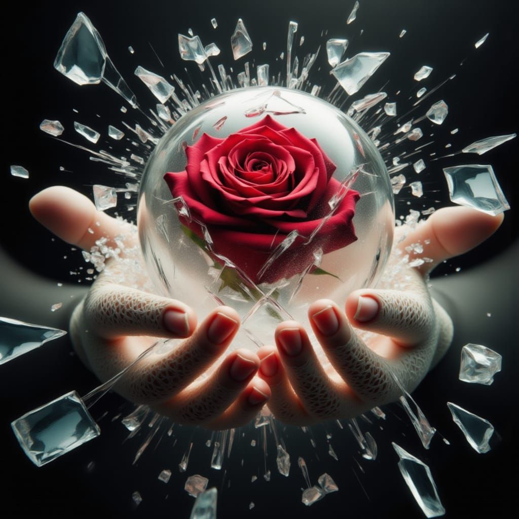 <lora:GAZLayeredArt:1.0> <lora:SplinterCrack:1.0> A pair of delicate female hands holds an exploding glass orb containing a red rose with sp...