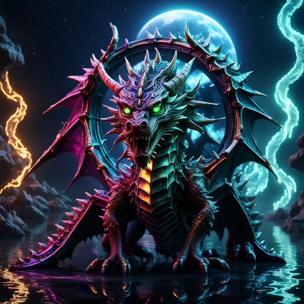 crystal Dragon clock strikes midnight over earth  ,vapor wav...