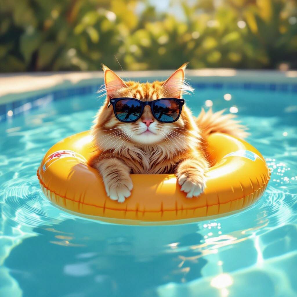 A cat wearing sunglasses by the pool and swimming 