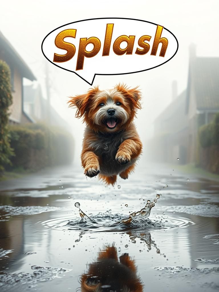 dog jumping in puddle