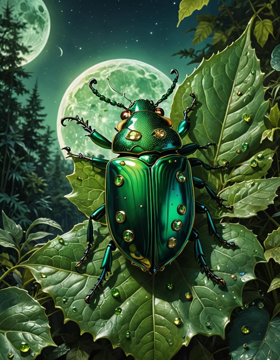 A green shining beetle with green jewels embedded on its bac...